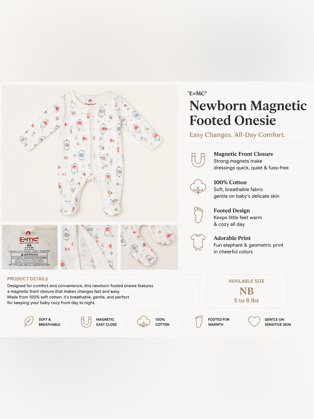 Magnetic Me Cream Footed Onesie with Red, Blue, and Orange Print